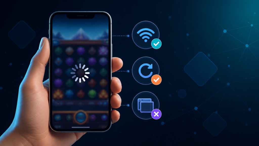 มือถือแสดงเกมออนไลน์ค้างพร้อมสัญลักษณ์ตรวจ Wi-Fi รีเฟรช และปิดแท็บ